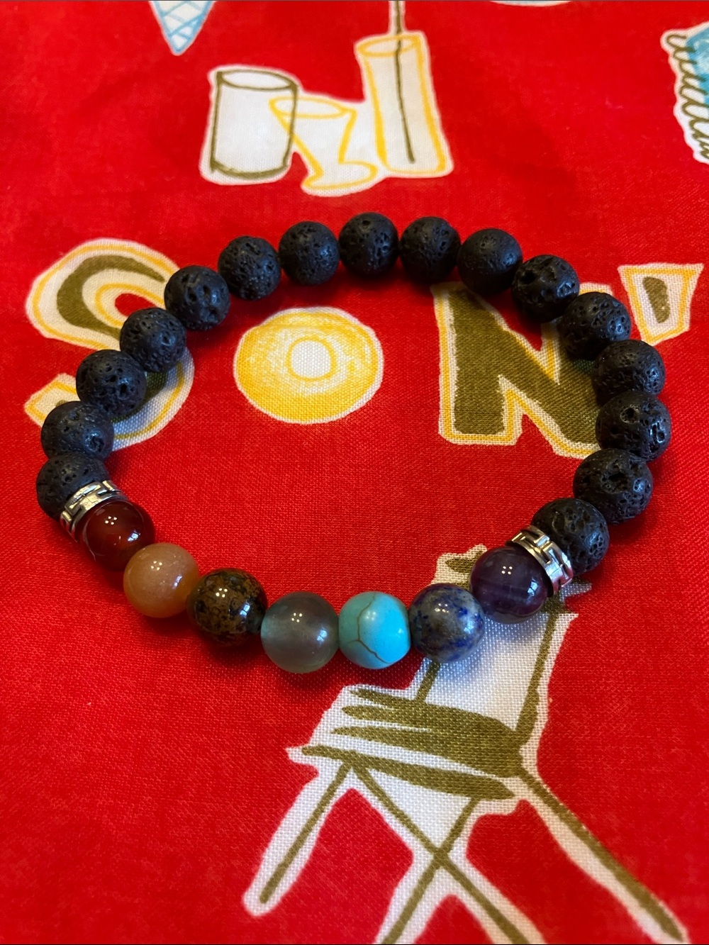 LAVA AND CHAKRA BEADED BRACELET SILVER SPACERS
